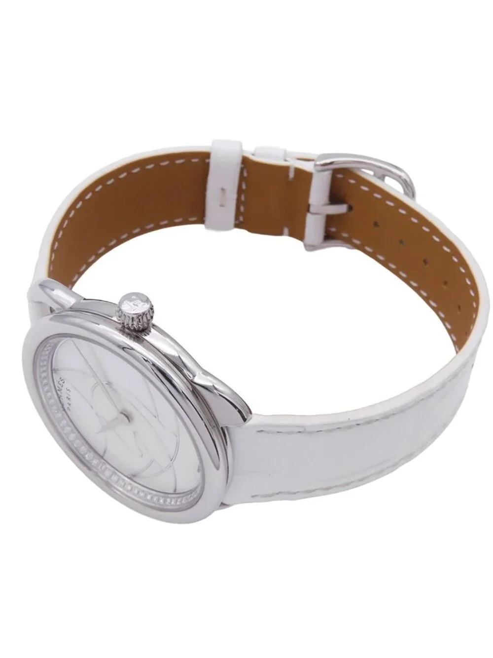 Hermes Arceau White Shell SS Leather Diamond Dial Watch Quartz